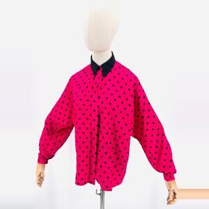 Vintage 80s Chaus Hot Pink Black Polka Dot Oversized Collar Blouse
